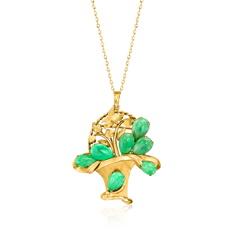 18kt yellow gold necklace pendant with green jade flower basket motif and cabochons