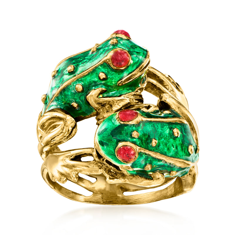 Two-frog enamel ring with green and red accents on 18kt yellow gold