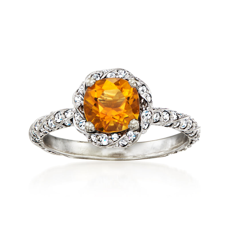 Oval citrine centerpiece with diamond halo and filigree, white gold vintage ring