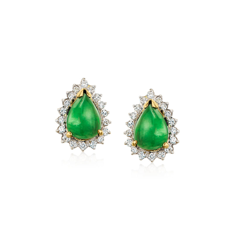 Teardrop jade earrings with diamond halo on yellow gold post backs