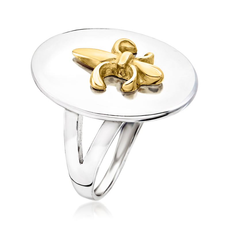 Sterling silver fleur-de-lis ring with gold overlay, angled side view