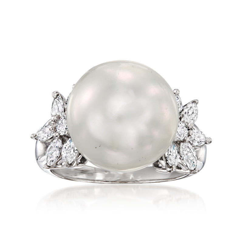 Round cultured pearl ring with marquise diamond clusters on white gold band