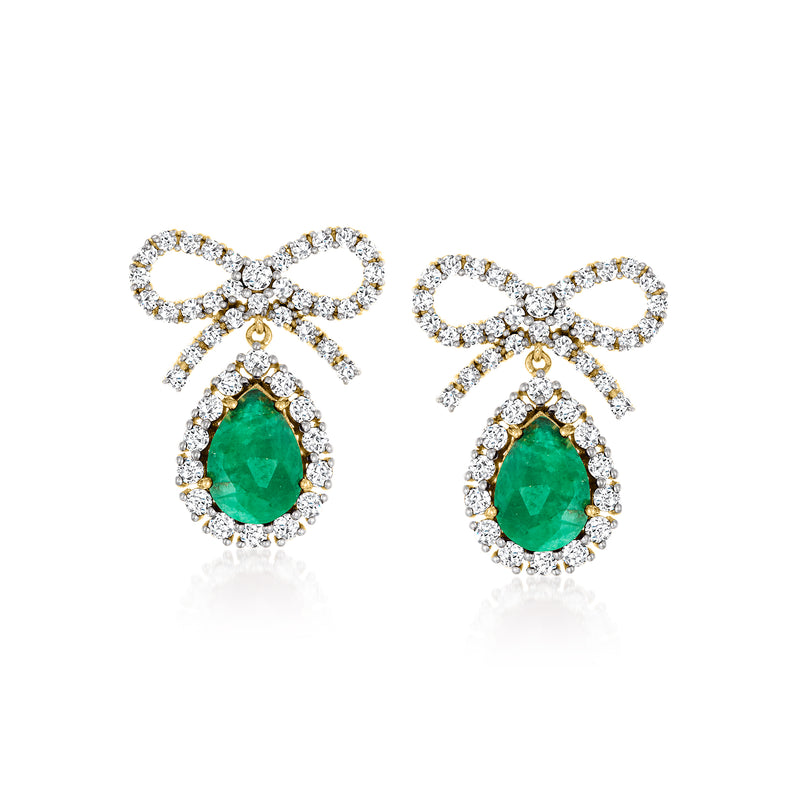18kt gold bow drop earrings with green teardrop center and crystal halo