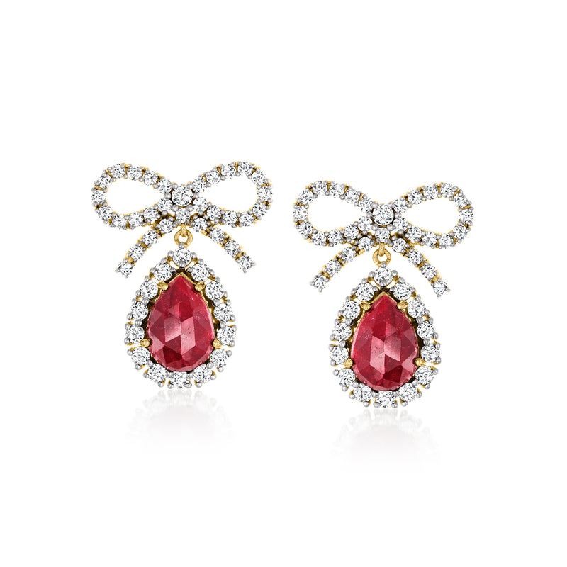 Ruby and white topaz bow drop earrings in gold over sterling
