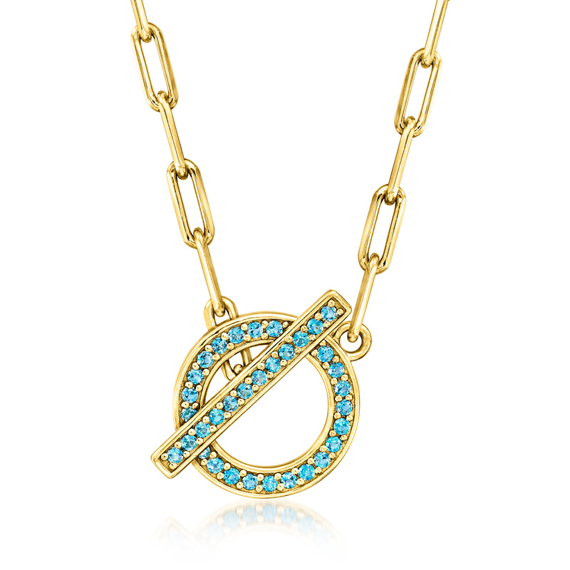 Gold over sterling necklace with blue topaz heart-shaped pendant and toggle clasp.
