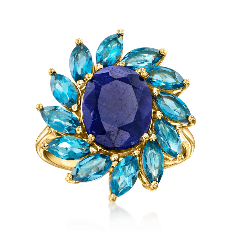 Blue sapphire center flower ring with London blue topaz petals, gold over sterling