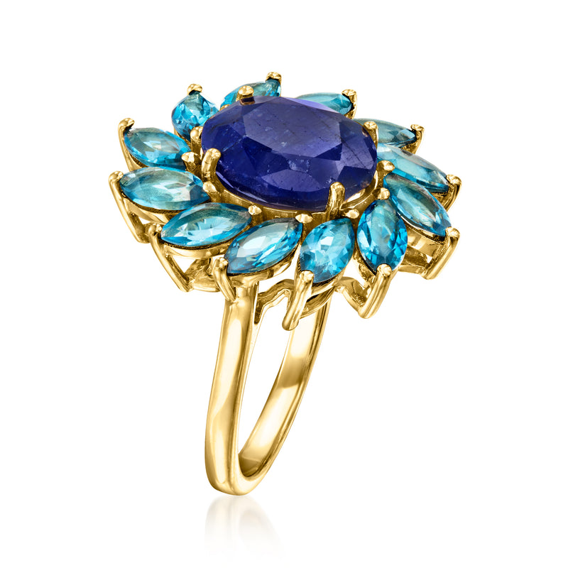 Blue sapphire oval flower ring with London blue topaz marquise stones, gold over sterling