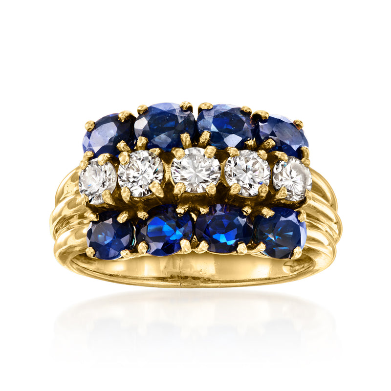 18kt yellow gold three-row ring with blue sapphires and clear round diamonds