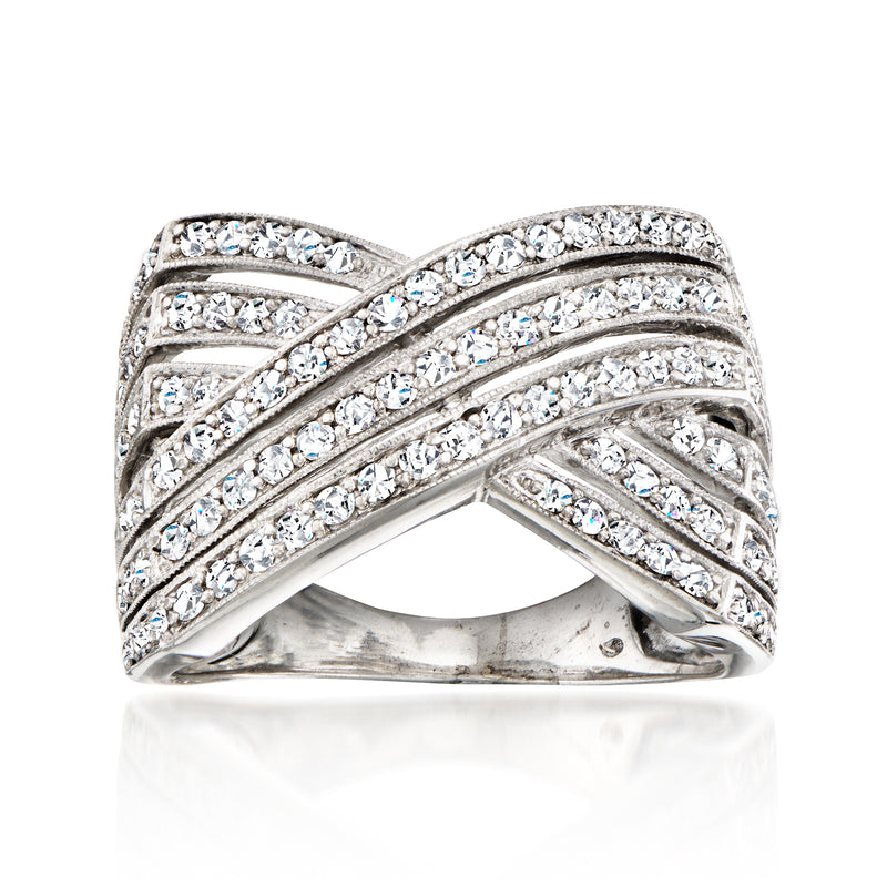 Diamond highway-style ring, crisscross pave-set bands in 18kt white gold.