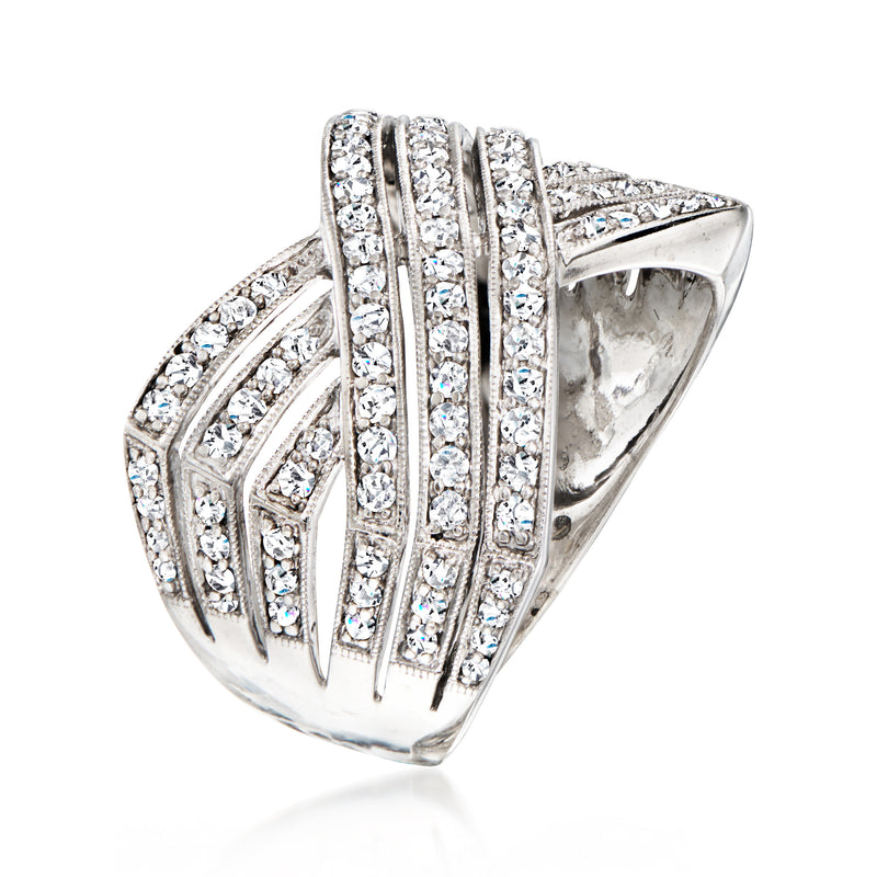 Diamond highway-style ring with layered pave bands, 18kt white gold, side view.