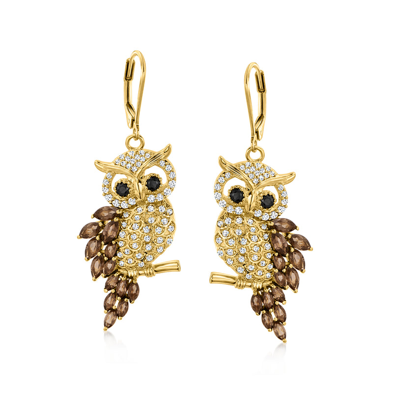 Leverback owl drop earrings in gold with smoky quartz, white zircon, and black spinel