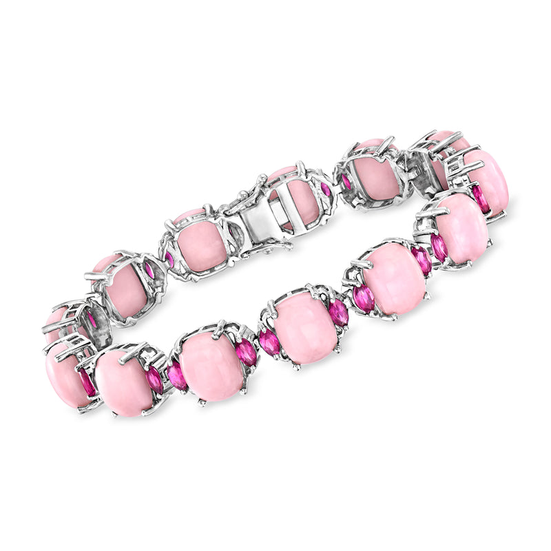 Sterling silver bracelet with pink opal and rhodolite garnet gemstone stations