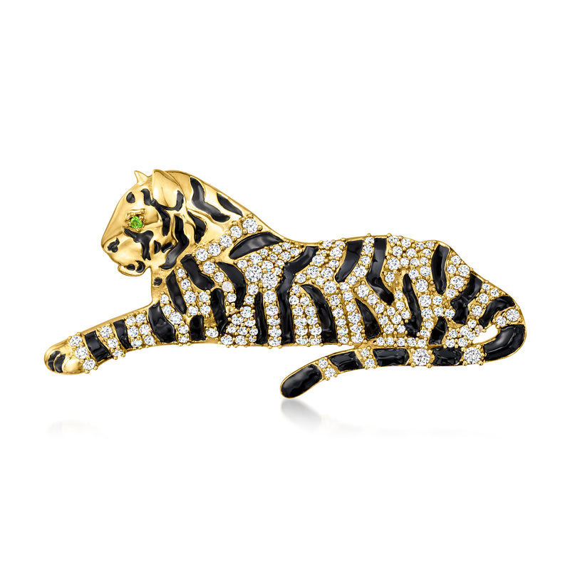 Tiger pin with white zircon, black enamel stripes, and green eye in gold over sterling