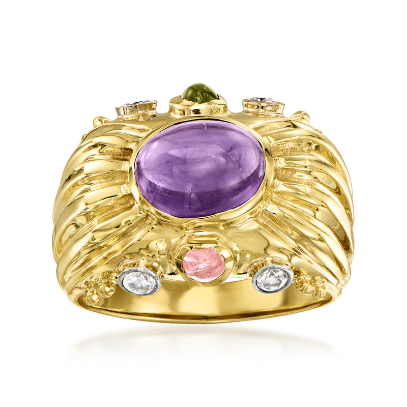 Vintage 14kt yellow gold amethyst ring with purple oval center and small pink/clear stones