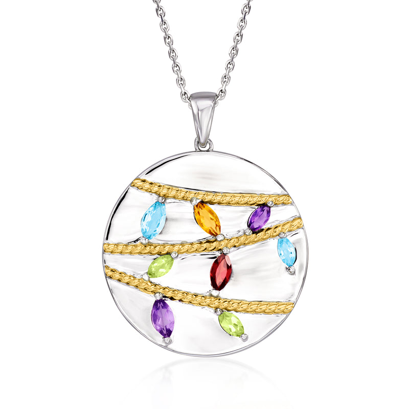 Sterling silver pendant necklace with round multi-gem Christmas lights design, gold accents