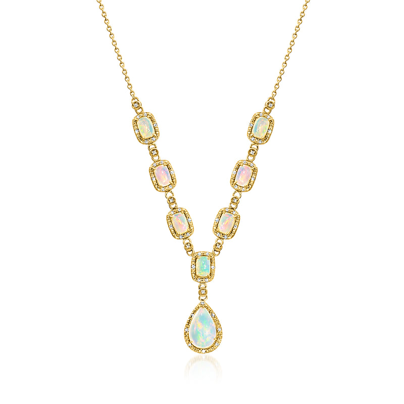 Opal-like Y-necklace with oval and teardrop stones on gold-toned chain