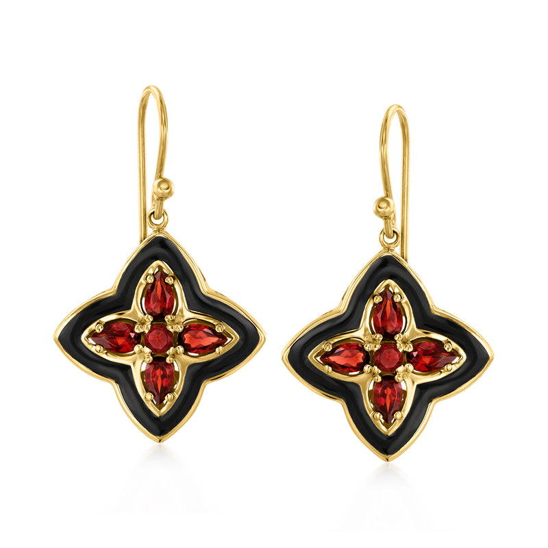 Gold drop clover earrings with black enamel and red garnet stone centers