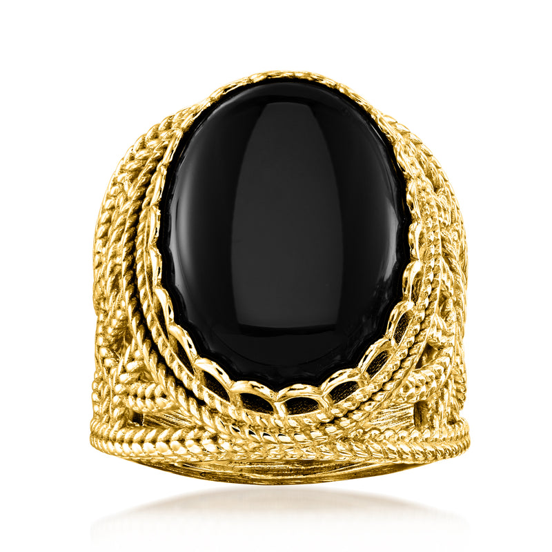 Roped gold-tone ring with oval black onyx cabochon bezel
