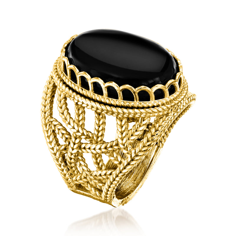 Roped gold-tone ring with oval black onyx cabochon and scalloped sides