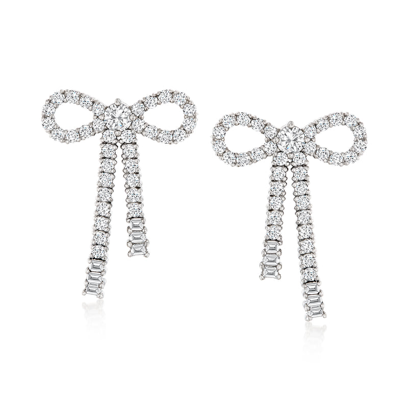 Sterling silver bow drop earrings with white topaz sparkle and dangling tassels