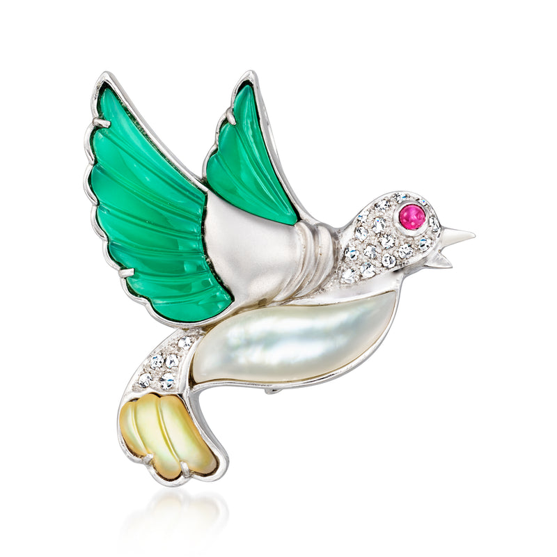 Enamel bird pin with green wings, white body, pink ruby center, diamond accents