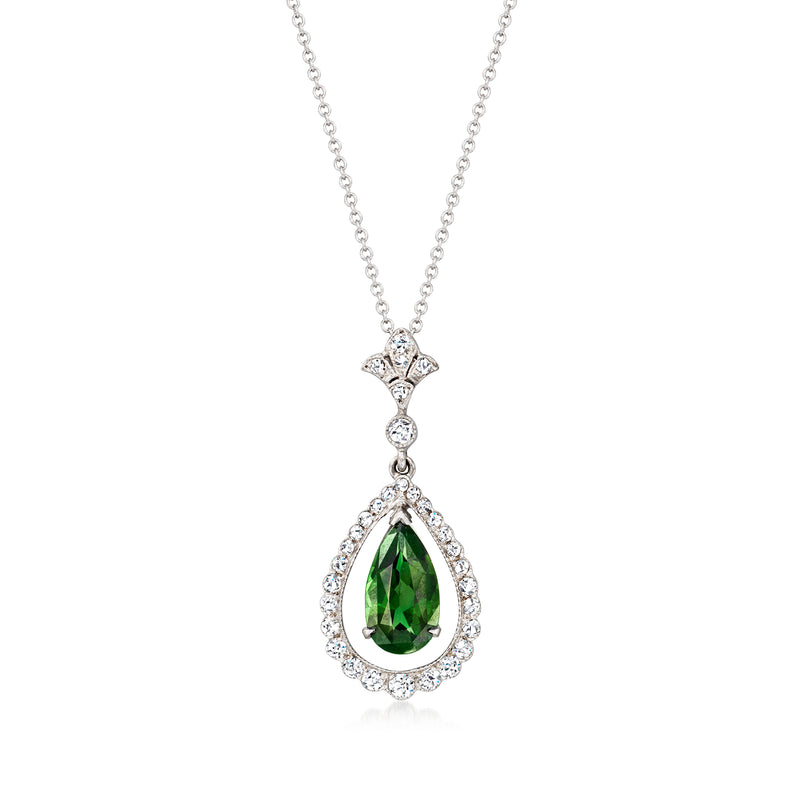 White gold pendant necklace with teardrop green tourmaline and diamond halo drop
