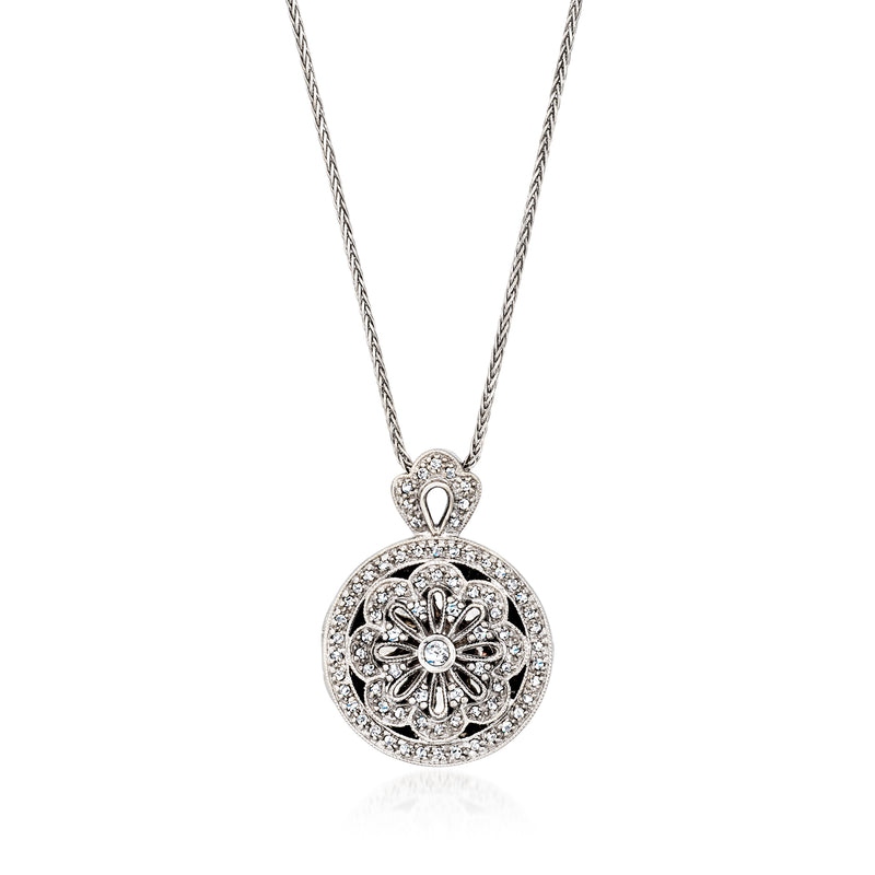14kt white gold diamond round locket necklace with ornate filigree and teardrop bail
