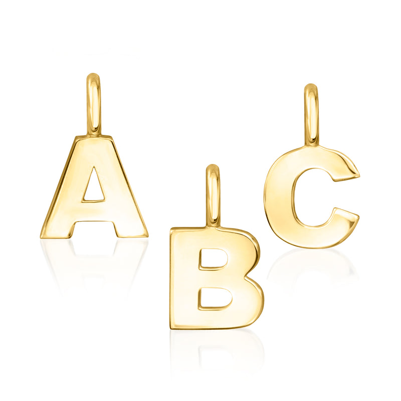 14kt yellow gold initial charm trio: A, B, and C with loop bail