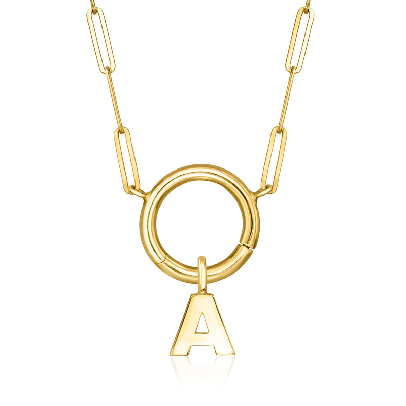 14kt yellow gold initial charm pendant with circular ring and letter A, on chain