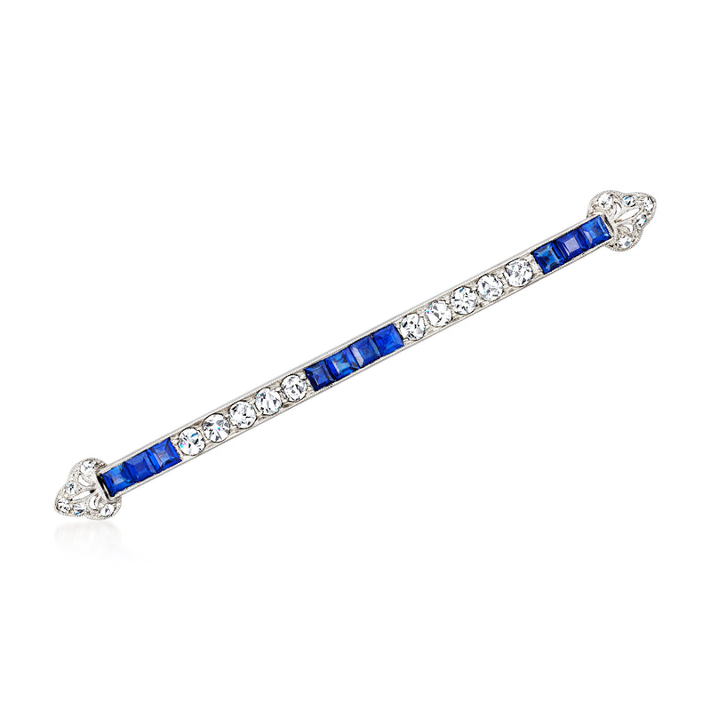Platinum bar pin with blue sapphire center and diamond accents, vintage style