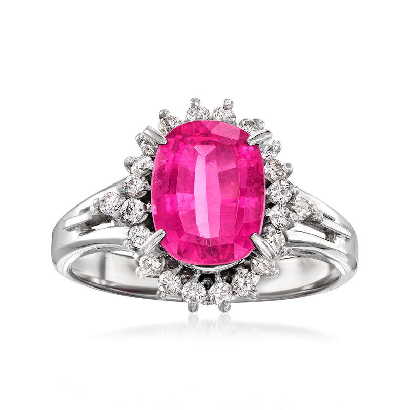 Platinum pink tourmaline oval ring with diamond halo and side accents