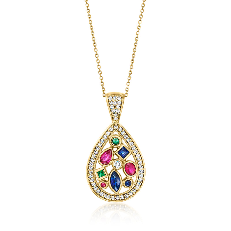 14kt yellow gold teardrop pendant necklace with blue, red, and green gemstones and diamonds