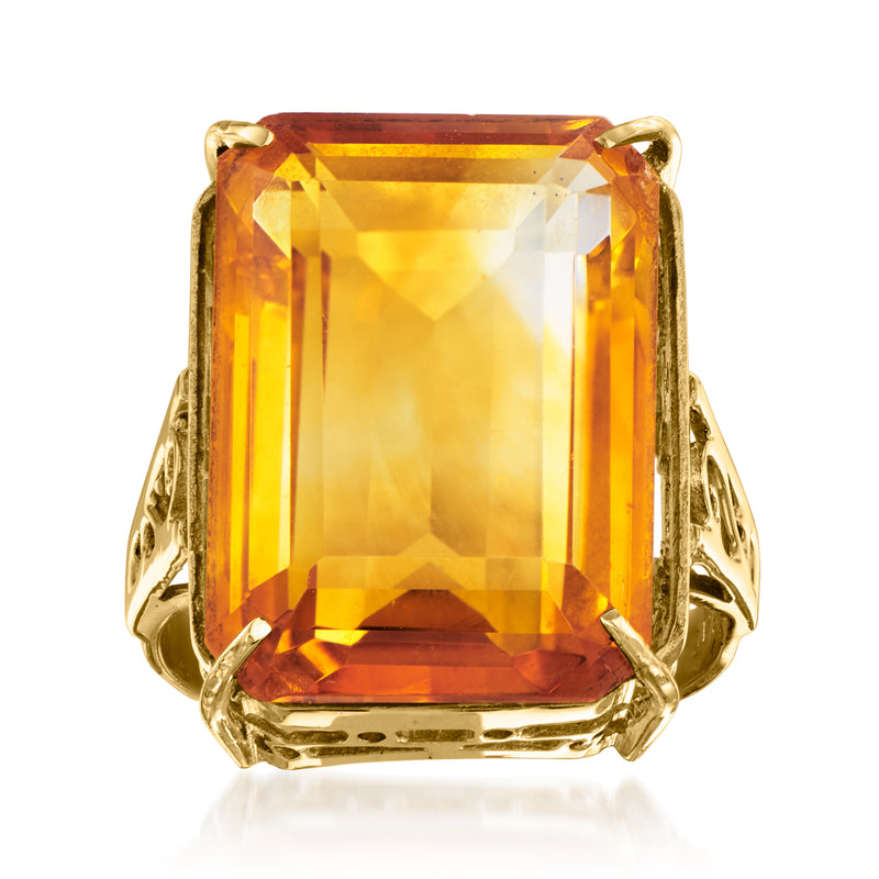 Vintage 14kt yellow gold citrine ring with large rectangular gemstone, prong-set