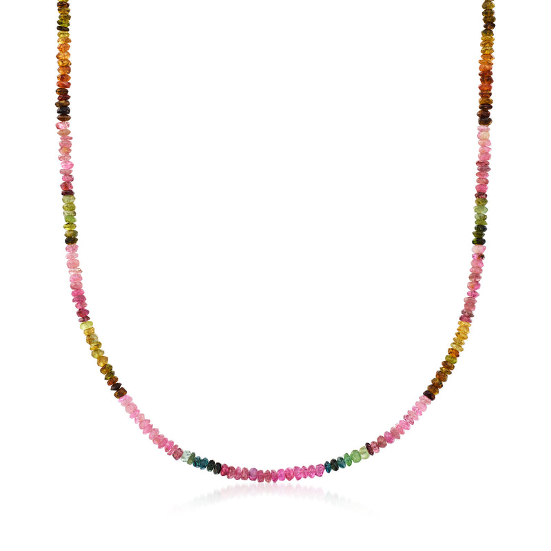 Multicolored tourmaline bead necklace with pink, green, yellow and black beads