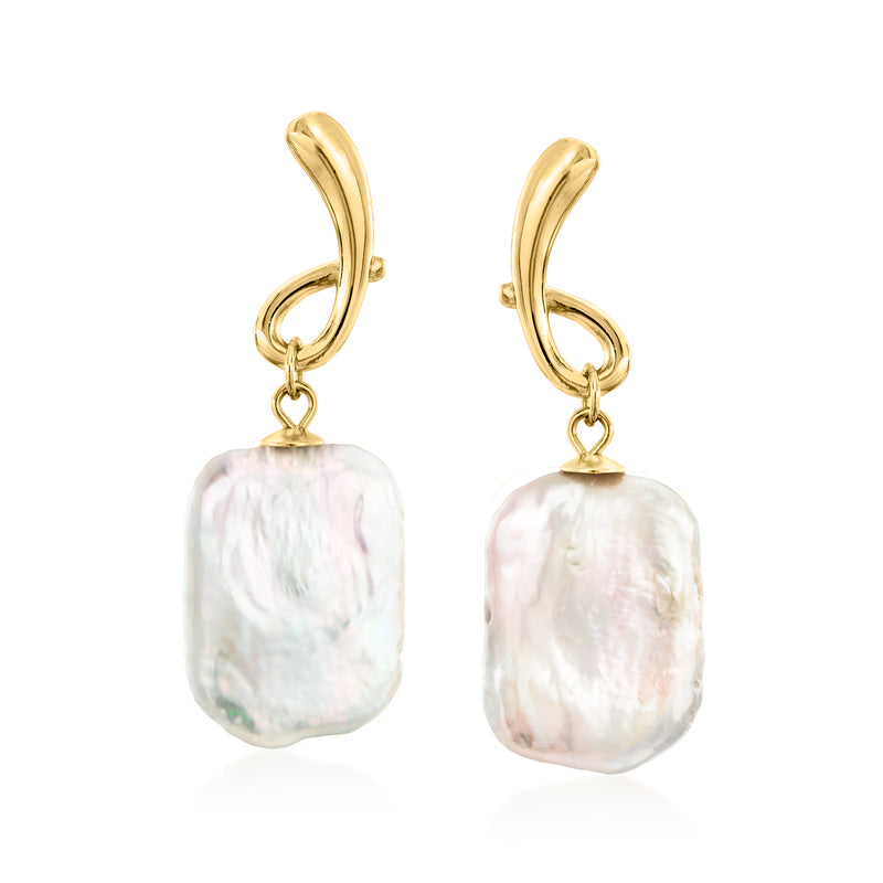 Baroque pearl loop drop earrings with rectangular white freshwater pearls and gold-tone hooks
