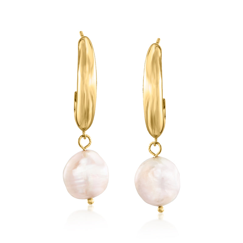 Gold drop earrings with round white cultured pearls and small crescent charms
