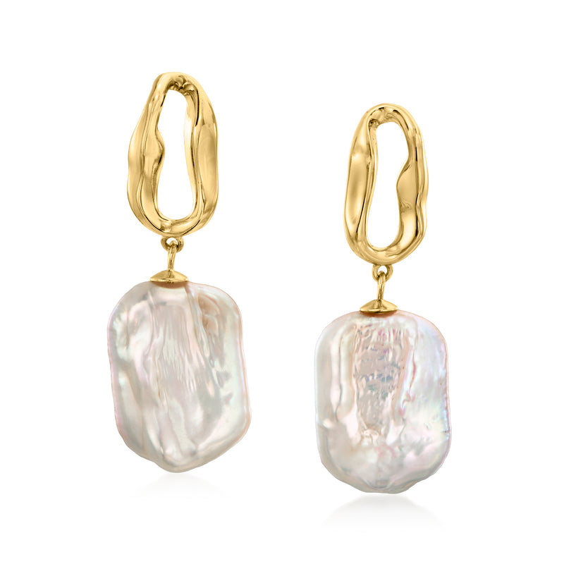 Gold over sterling drop earrings with twisted oval hoops and iridescent baroque cultured pearls