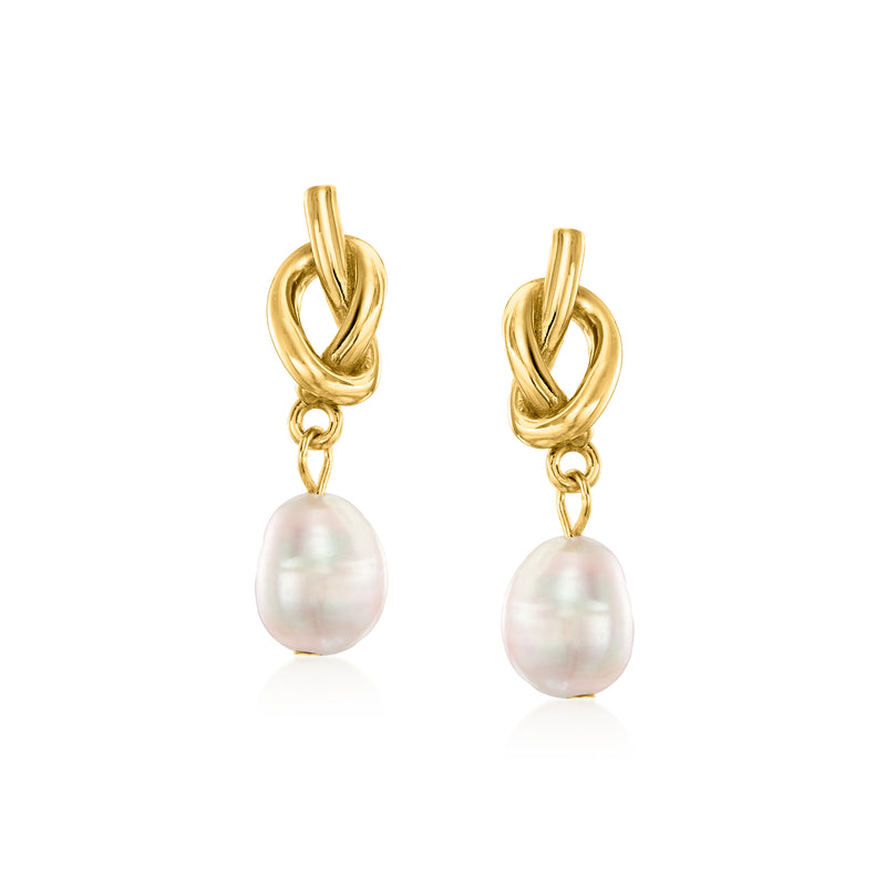 18kt gold knot drop earrings with white cultured pearls