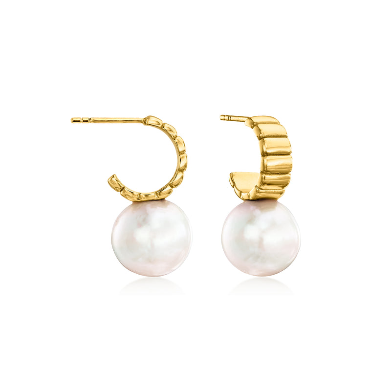 Gold C-hoop earrings with ridged band and round cultured pearl drops