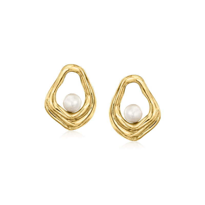 Gold drop earrings with cultured pearl in curved frame
