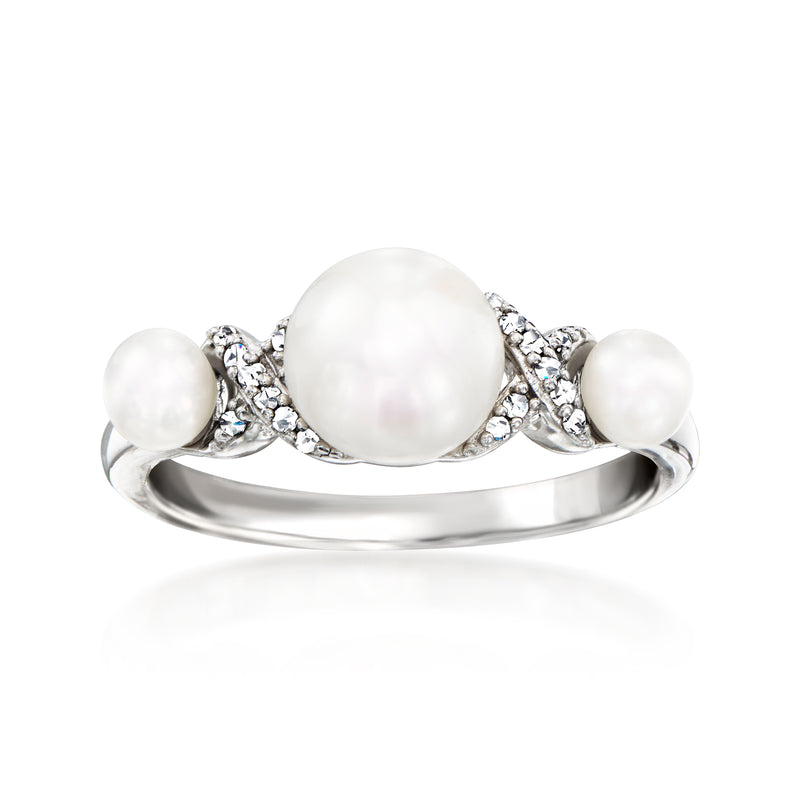 Sterling silver pearl ring with large round cultured pearl and diamond accents