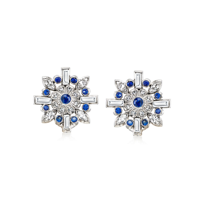 White gold diamond and sapphire cluster clip-on earrings with blue round stones