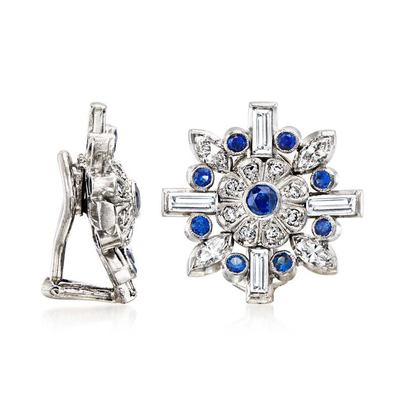White gold cluster clip-on earrings with blue sapphire accents and diamond-like stones