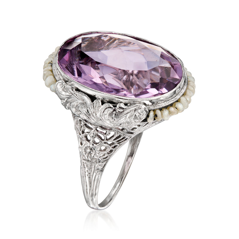 Oval amethyst ring with white-gold filigree band and beaded seed pearl border