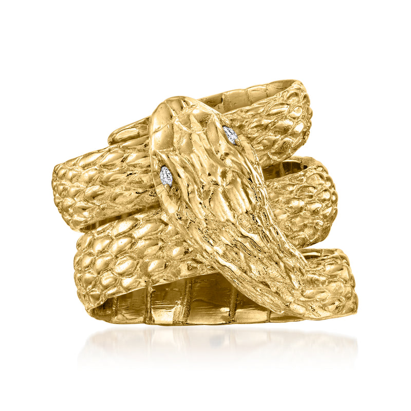 Vintage 18kt yellow gold snake ring with diamond accents, textured scales