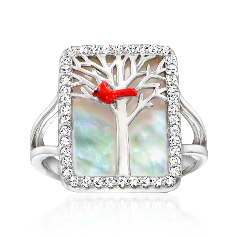 Sterling silver ring with square mother-of-pearl panel, white stones, and red cardinal enamel