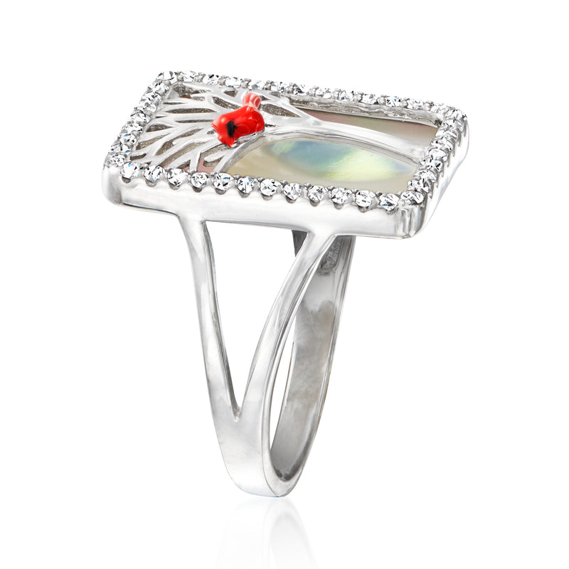 Sterling silver cardinal ring with mother-of-pearl, white topaz, and red enamel