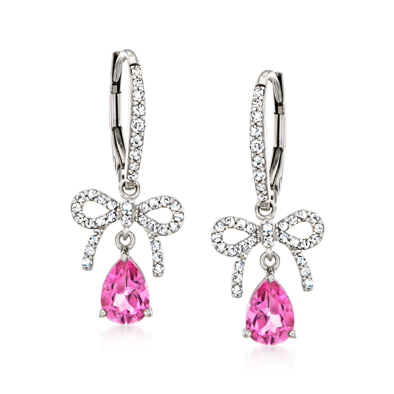 Sterling silver leverback bow drop earrings with pink pear gem and clear stones