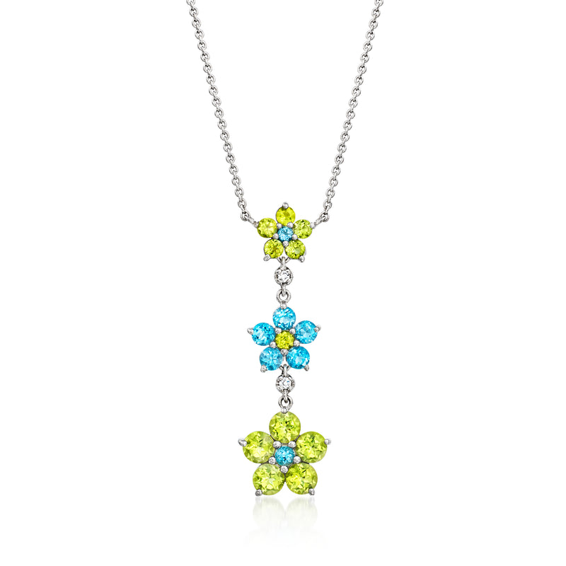 Sterling silver Y-necklace with three peridot-green and Swiss-blue floral clusters