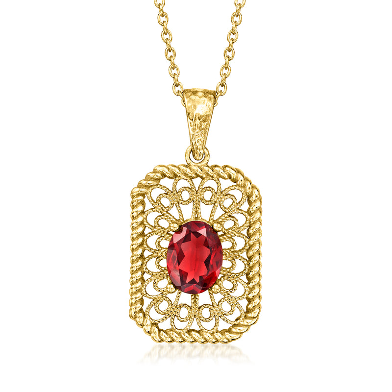Gold filigree pendant necklace with oval red garnet and link chain